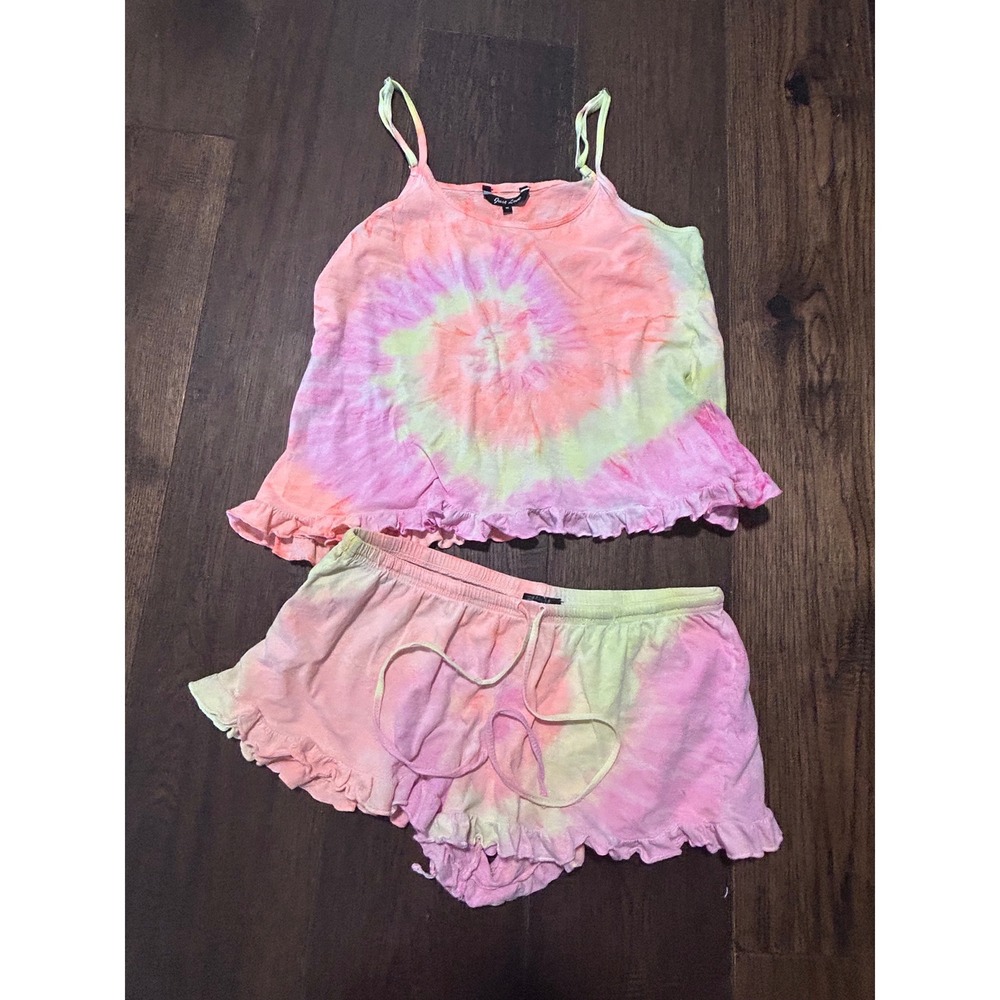 Y2K Just Love Tie Dye Pajama Set Pink Orange Yellow Ruffle Cotton Sleepwear M